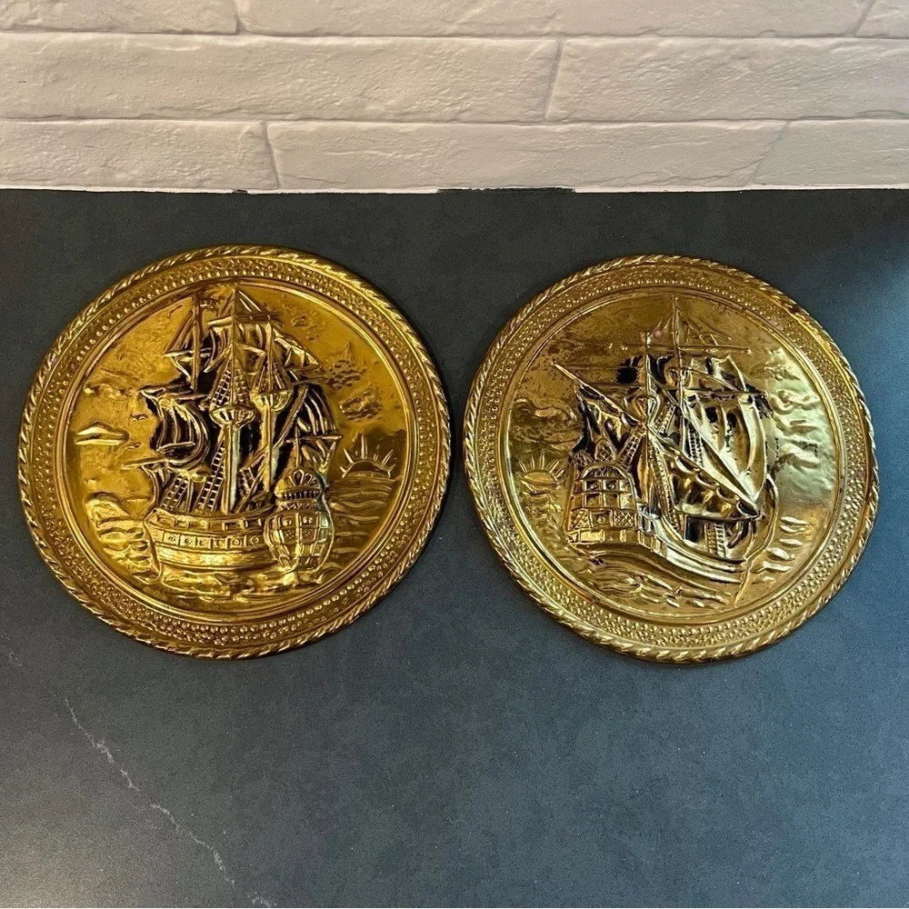 Vintage set 2 brass foil ship plaques Made in England